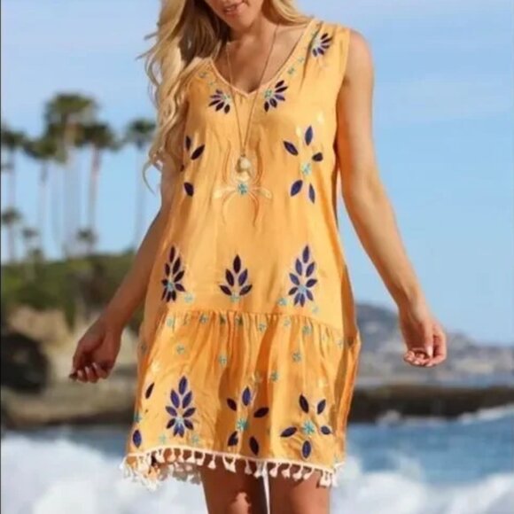 Anandas Collection Boho Floral Tassled Yellow Tank Dress Embroidered Womens XL - Picture 1 of 9